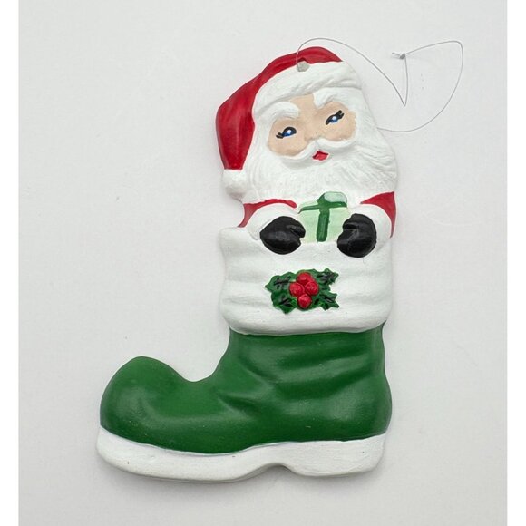 Vintage Santa Claus Boot Christmas Tree Ornament Green Holly Accent Hand Painted - Picture 6 of 6